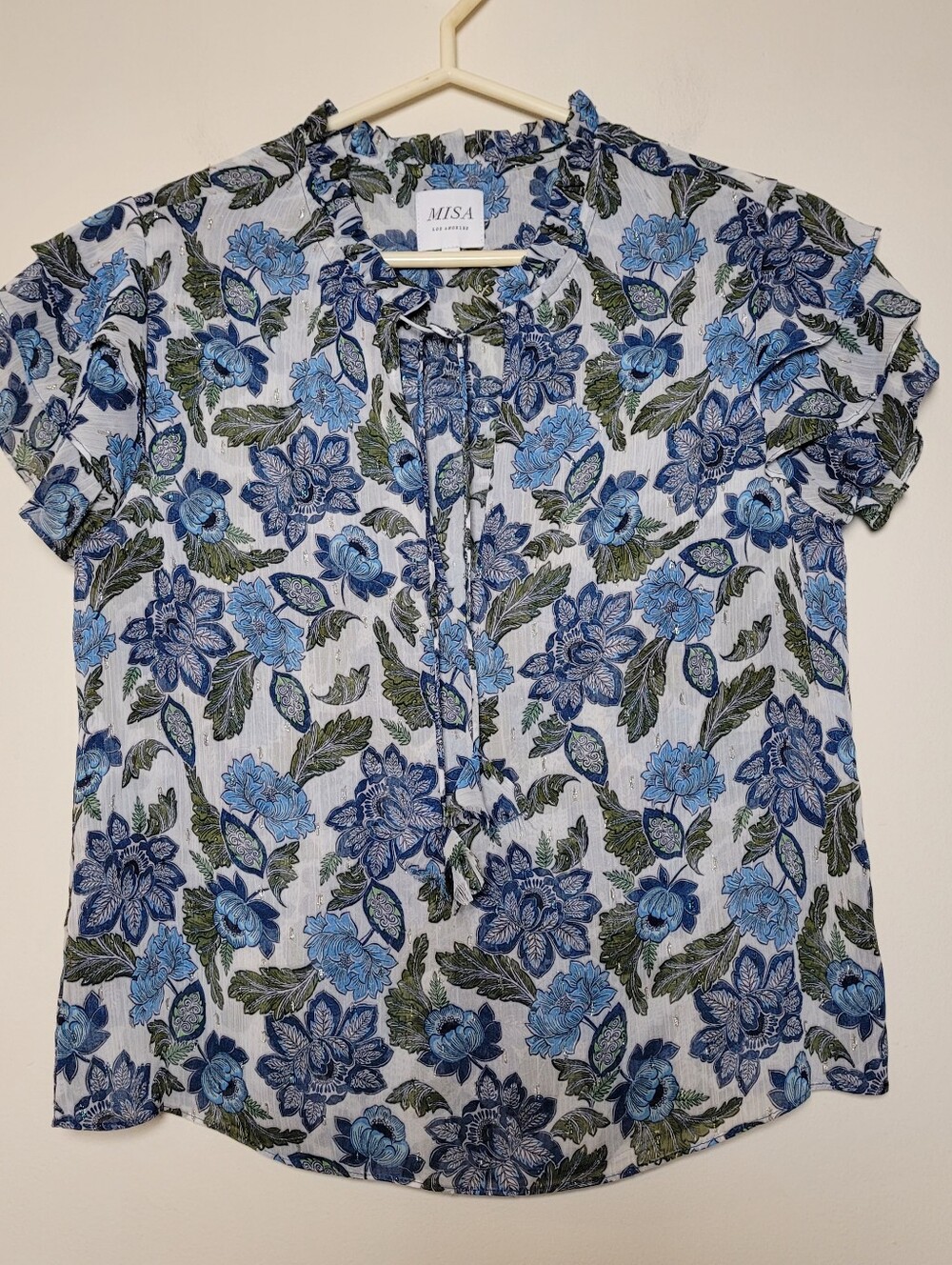 Misa Los Angeles Womens Floral Boho Short Sleeve Blouse XS Metalic Peasant